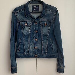 Silver Jeans Co Distressed Fitted Cotton Blend Blue Wash Jean Jacket Sz Medium